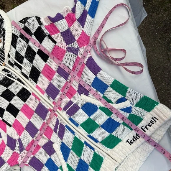 Teddy Fresh Full Zip Knit Hoodie Womens XS/S Checkered Multicolor Oversized - Picture 9 of 15